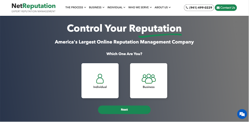 Website homepage screenshot for netreputation, featuring a headline "control your reputation" and subheading "America's largest online reputation management company." There are two options: "individual" and "business